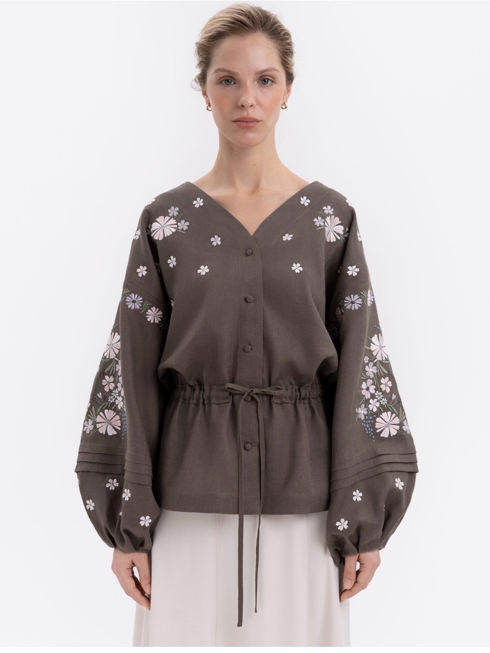 ETNODIM Embroidered Drawstring Peasant Top - Brown with Pastel Floral